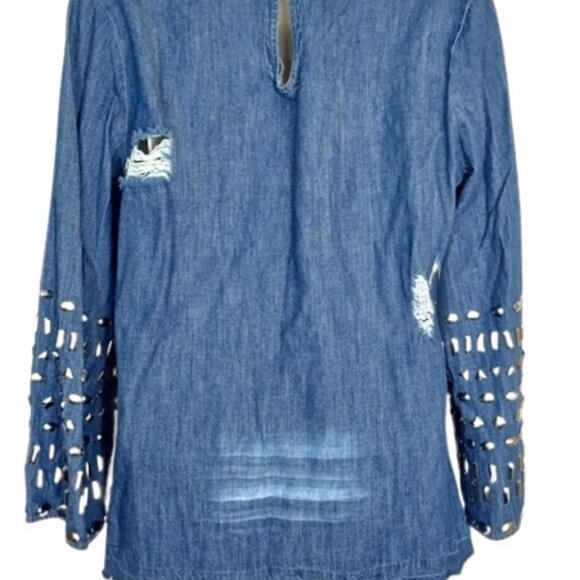 Angel + Premium Womens Distressed Denim Top Studded Flare Sleeve M - Picture 3 of 3